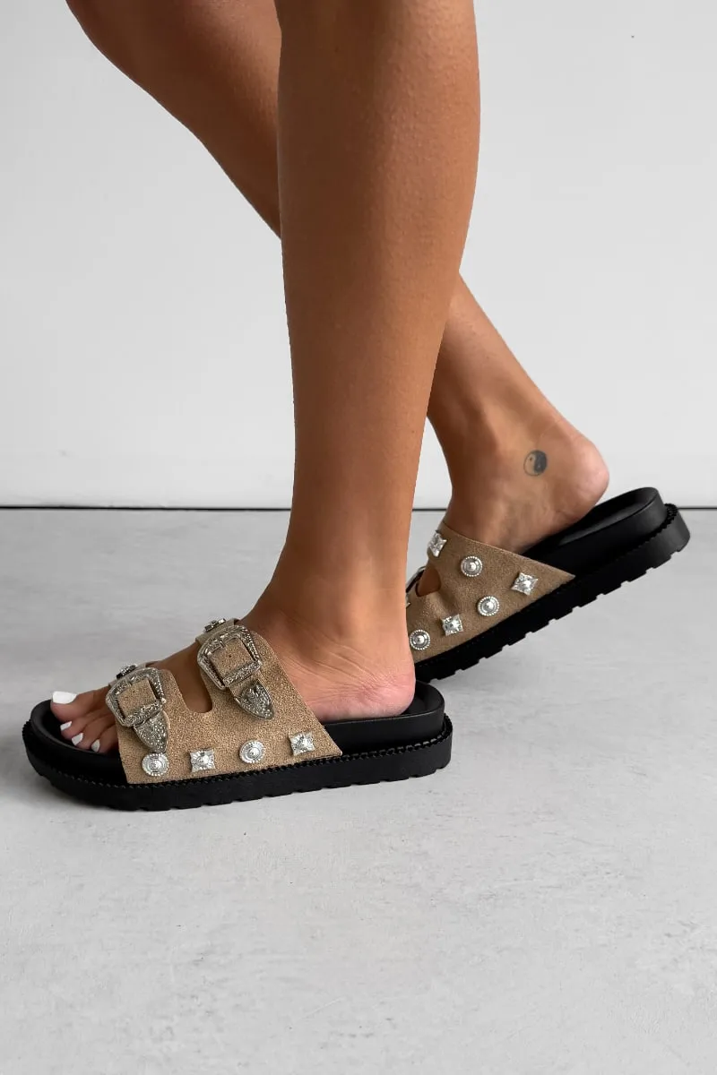 AMI Chunky Studded Western Buckle Sandals - Taupe