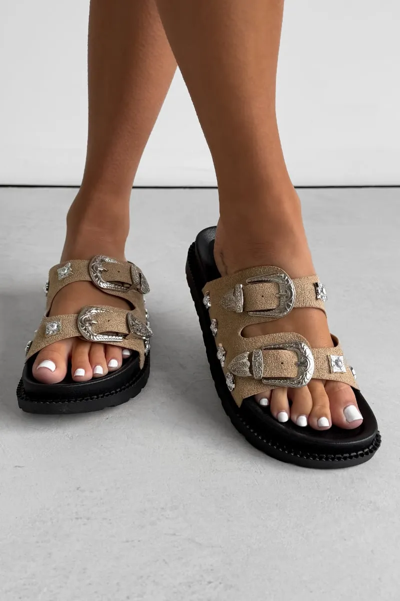 AMI Chunky Studded Western Buckle Sandals - Taupe