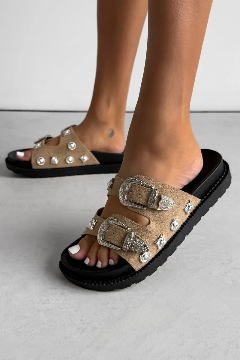 AMI Chunky Studded Western Buckle Sandals - Taupe