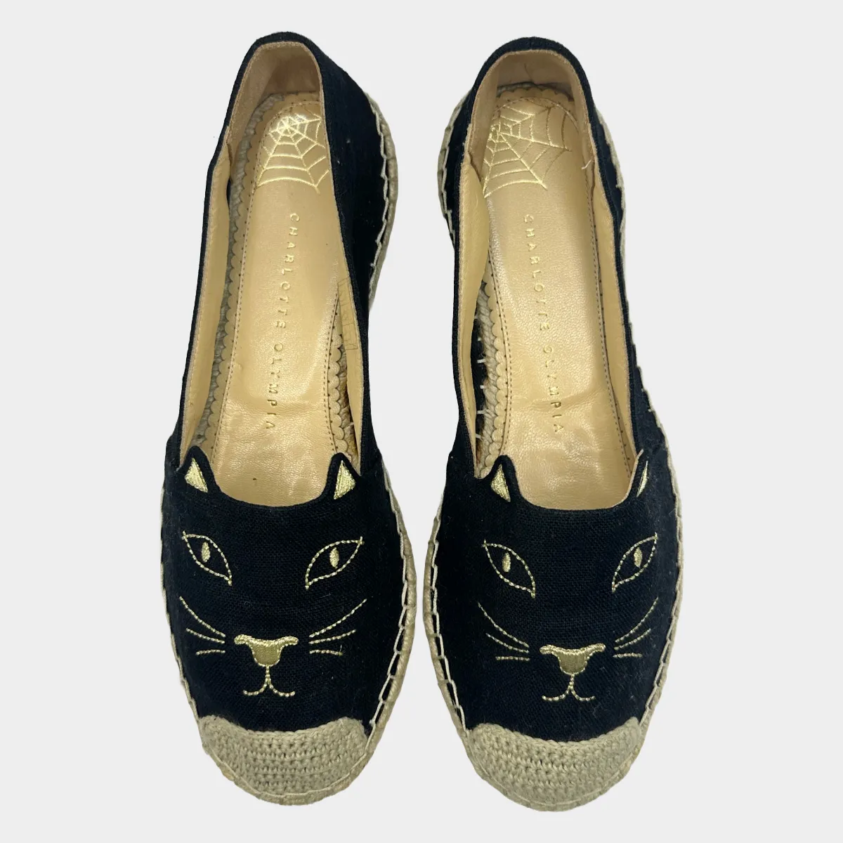 Charlotte Olympia black and beige canvas/raffia Kitty espadrilles