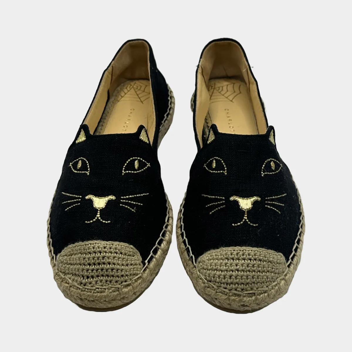 Charlotte Olympia black and beige canvas/raffia Kitty espadrilles