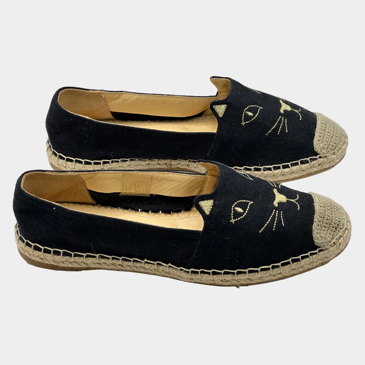 Charlotte Olympia black and beige canvas/raffia Kitty espadrilles
