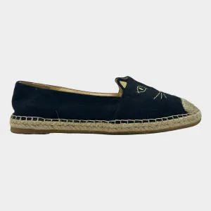 Charlotte Olympia black and beige canvas/raffia Kitty espadrilles