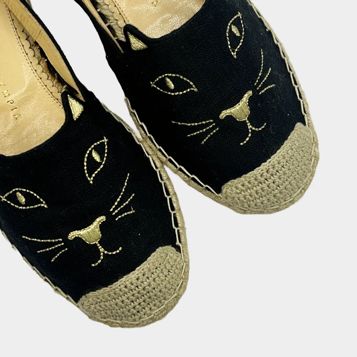 Charlotte Olympia black and beige canvas/raffia Kitty espadrilles