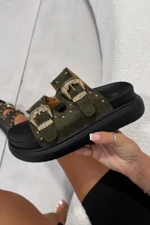 HAZEL Chunky Studded Buckle Sandals - Khaki